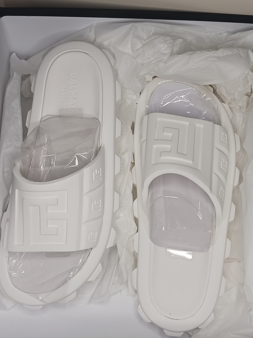 Balmain White Embossed Logo Rubber Slides